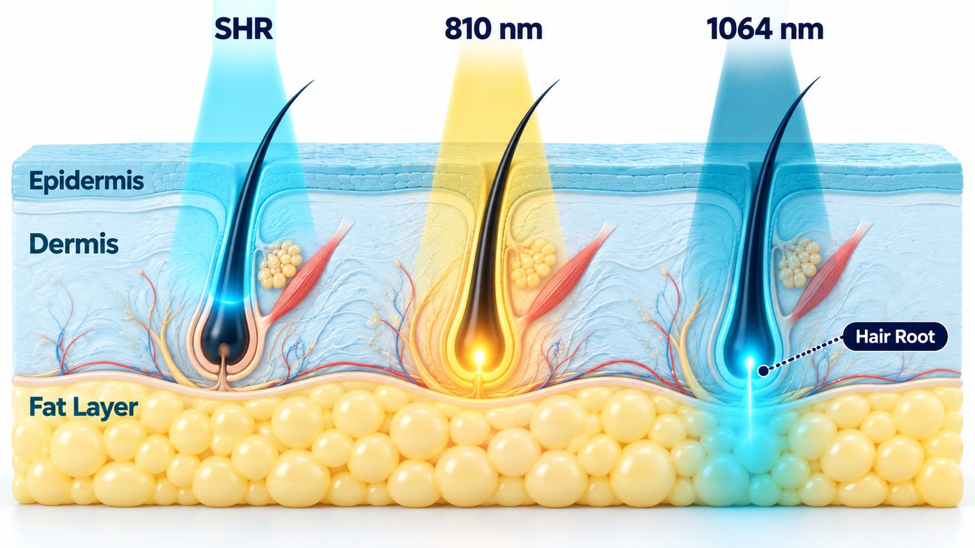 Skin cross-section showing how deep each laser reaches: SHR gently heats the upper dermis, Diode 810 nm reaches the hair root, and Nd:YAG 1064 nm reaches deepest into the fat layer
